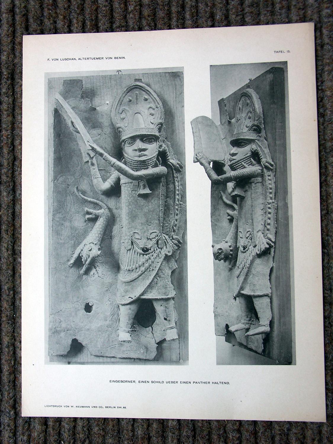 zz-lusc19,tafel 15 benin nigeria,bronze-platte mit figur und leopard (